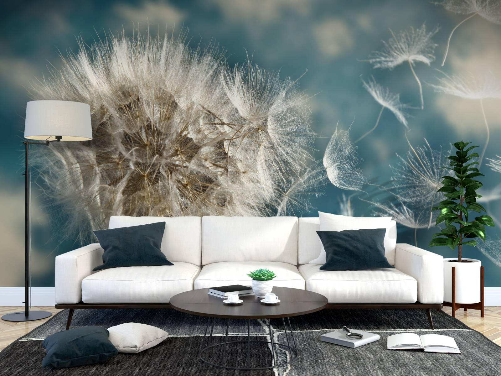 Fotobehang vlucht paardebloempitten zwevend in de lucht