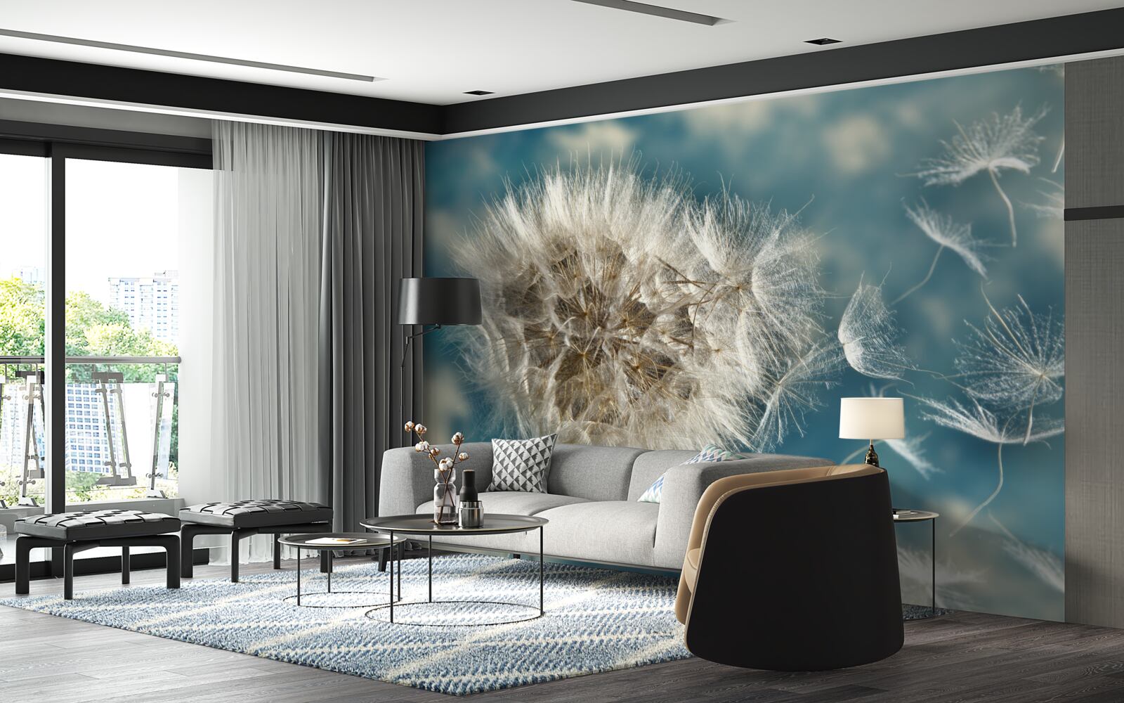 Fotobehang vlucht paardebloempitten zwevend in de lucht