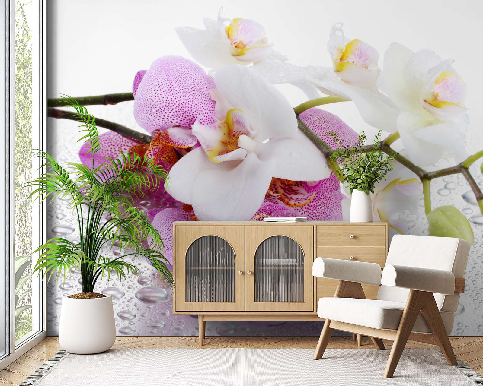 Fotobehang dauwdruppels op de takken van witte en lila orchideeën