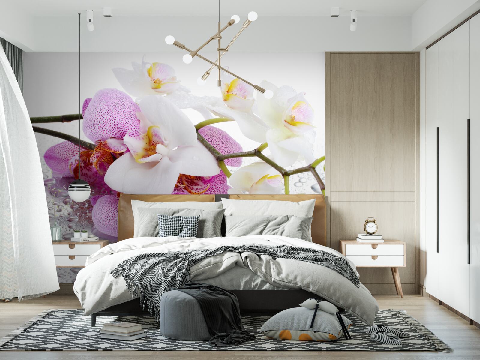 Fotobehang dauwdruppels op de takken van witte en lila orchideeën