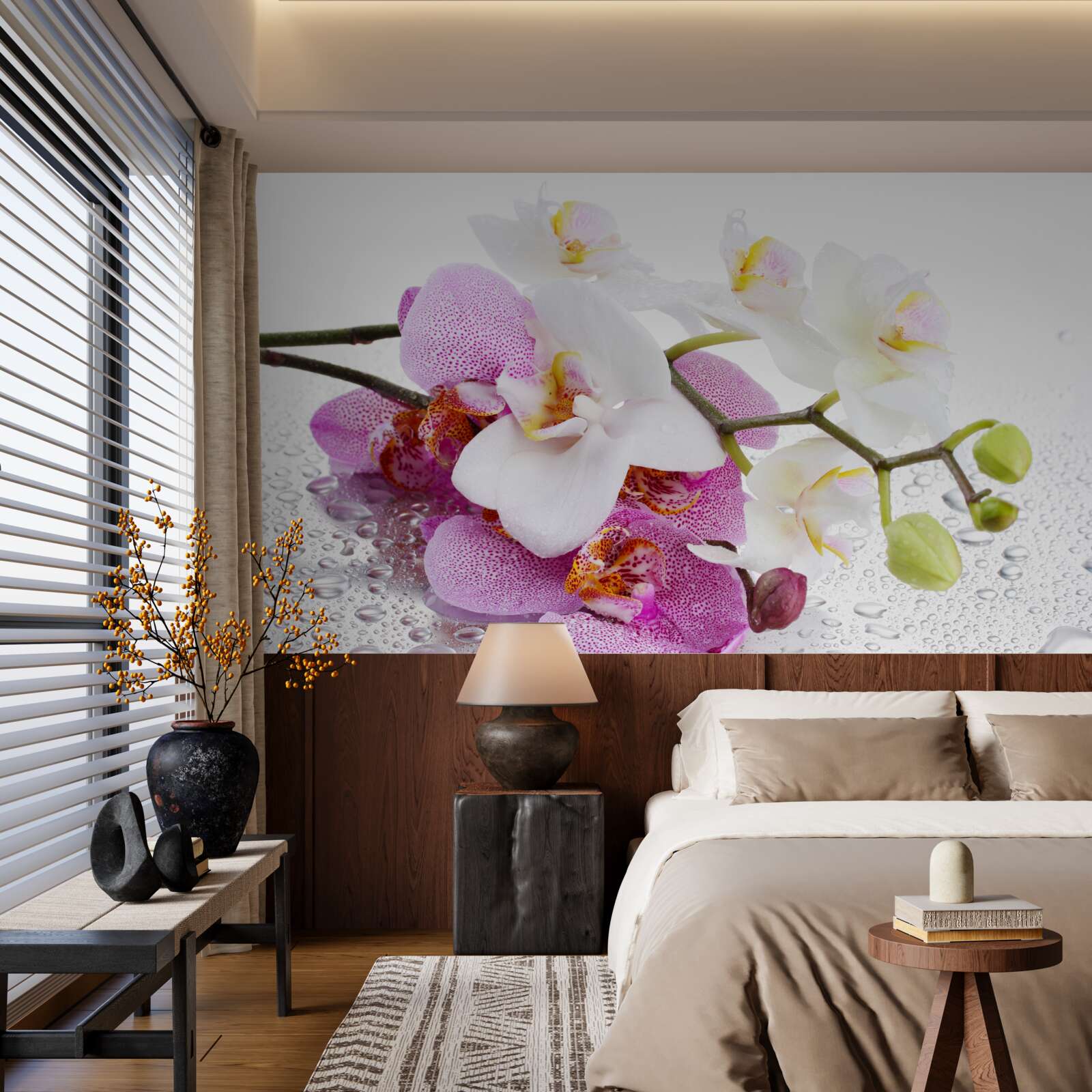 Fotobehang dauwdruppels op de takken van witte en lila orchideeën