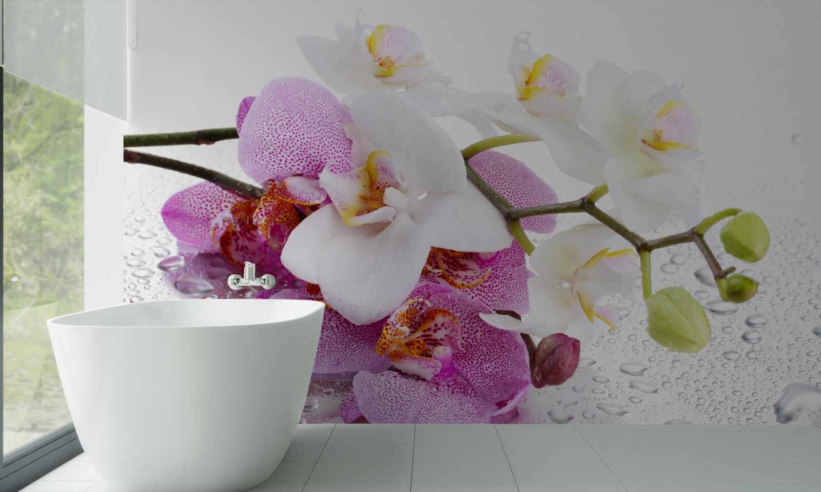 Fotobehang dauwdruppels op de takken van witte en lila orchideeën