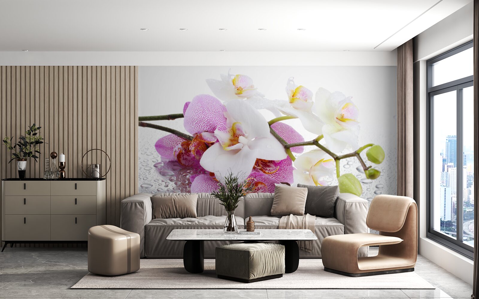 Fotobehang dauwdruppels op de takken van witte en lila orchideeën