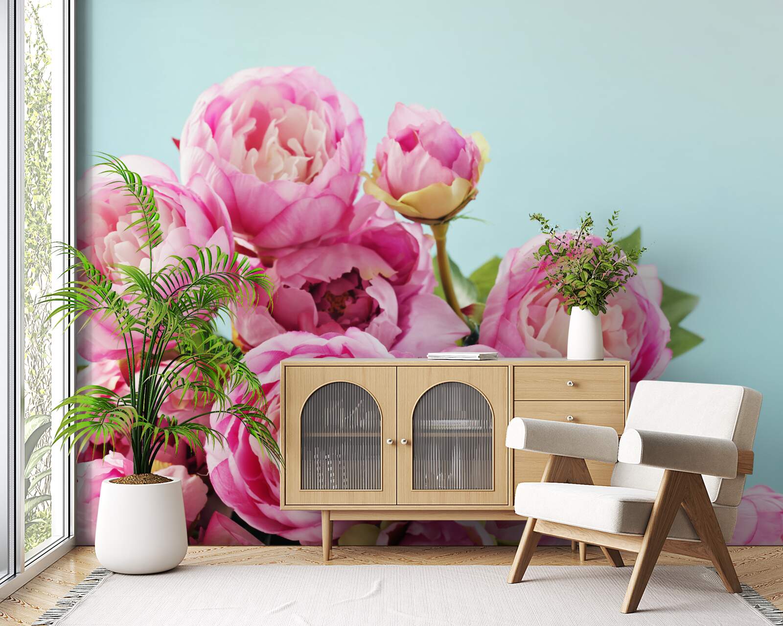 Fotobehang roze pioenachtige bloem op blauwe achtergrond