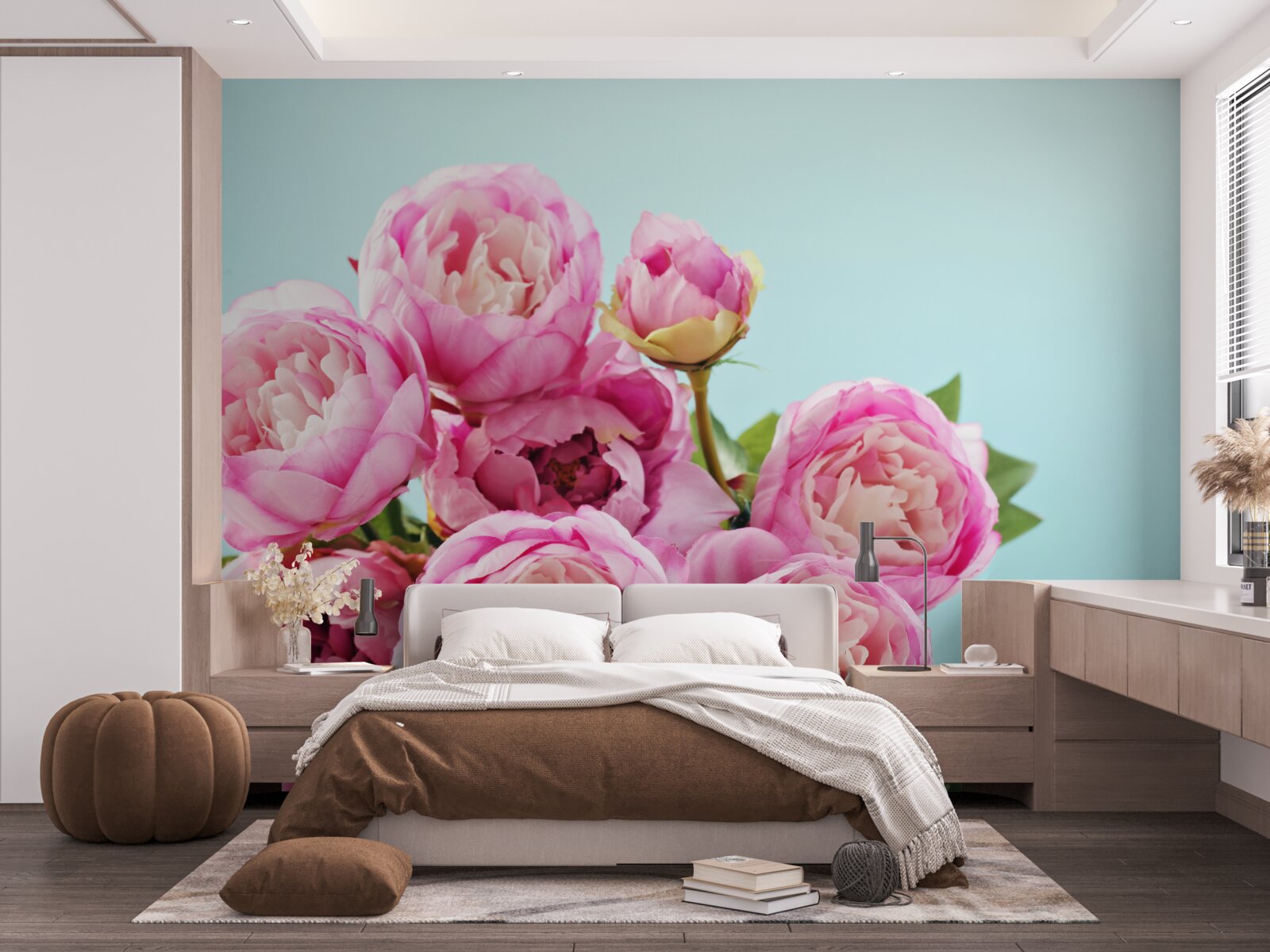 Fotobehang roze pioenachtige bloem op blauwe achtergrond