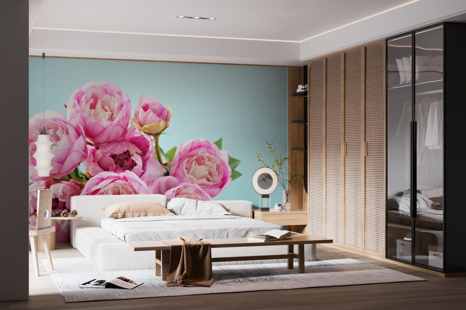 Fotobehang roze pioenachtige bloem op blauwe achtergrond