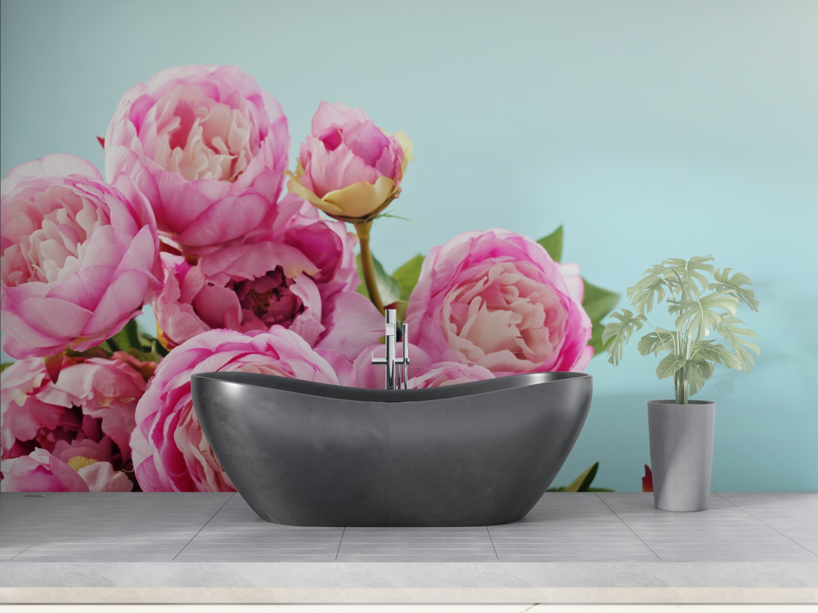 Fotobehang roze pioenachtige bloem op blauwe achtergrond