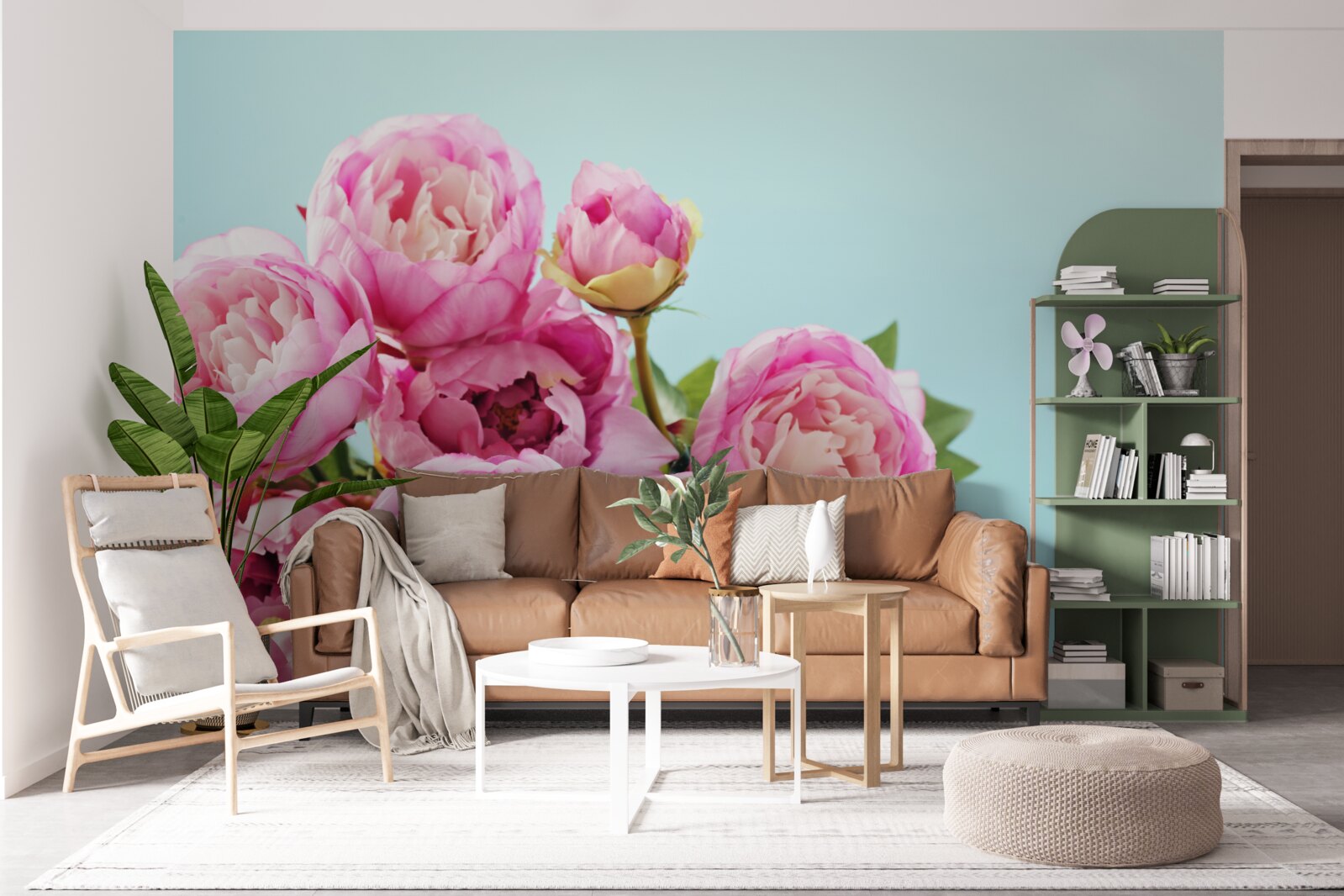 Fotobehang roze pioenachtige bloem op blauwe achtergrond