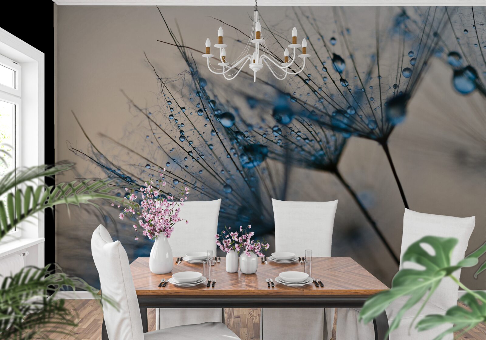 Fotobehang ochtenddauw op luchtige paardenbloemen