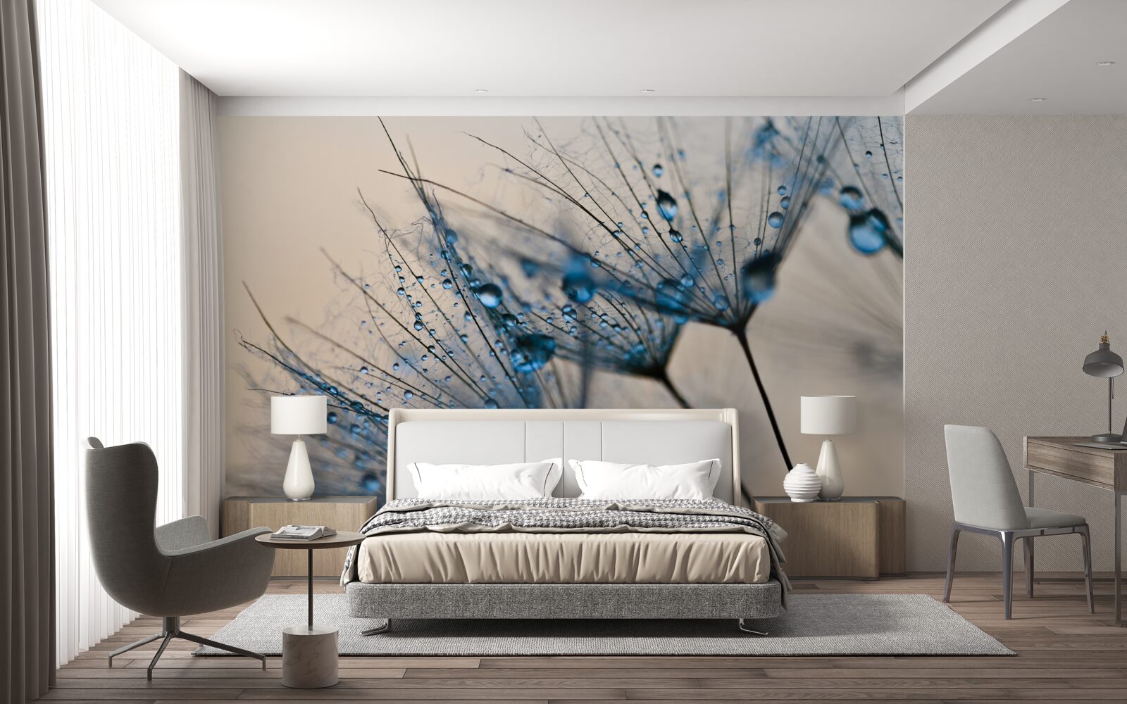 Fotobehang ochtenddauw op luchtige paardenbloemen