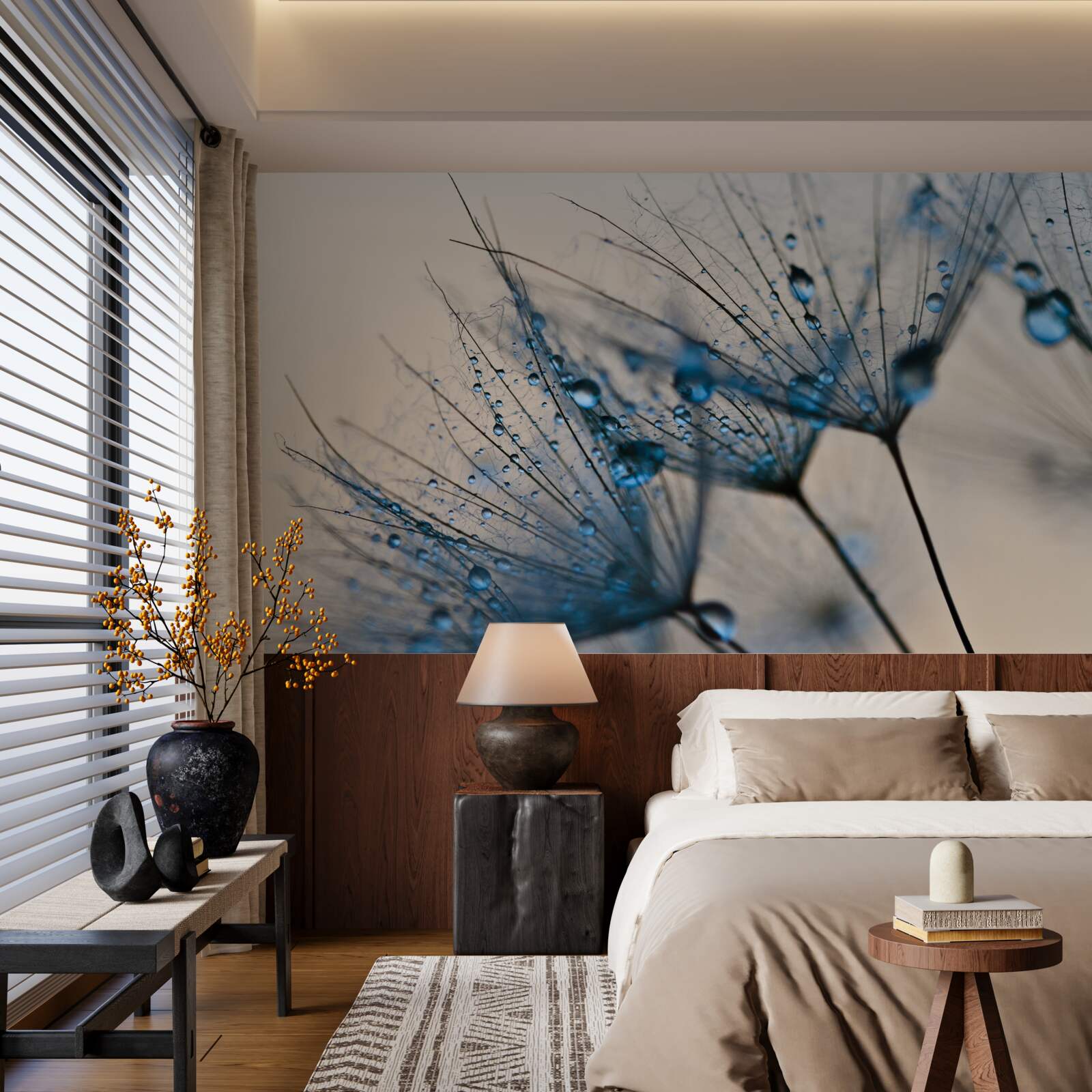 Fotobehang ochtenddauw op luchtige paardenbloemen