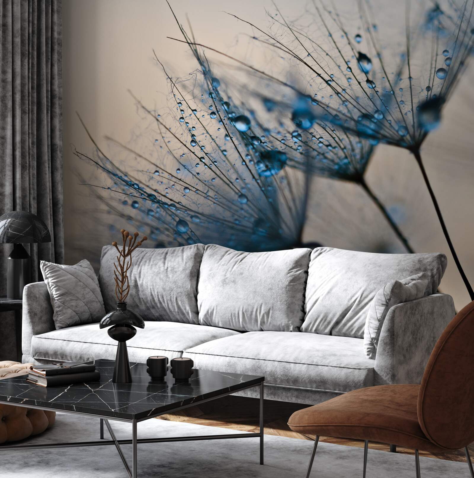 Fotobehang ochtenddauw op luchtige paardenbloemen