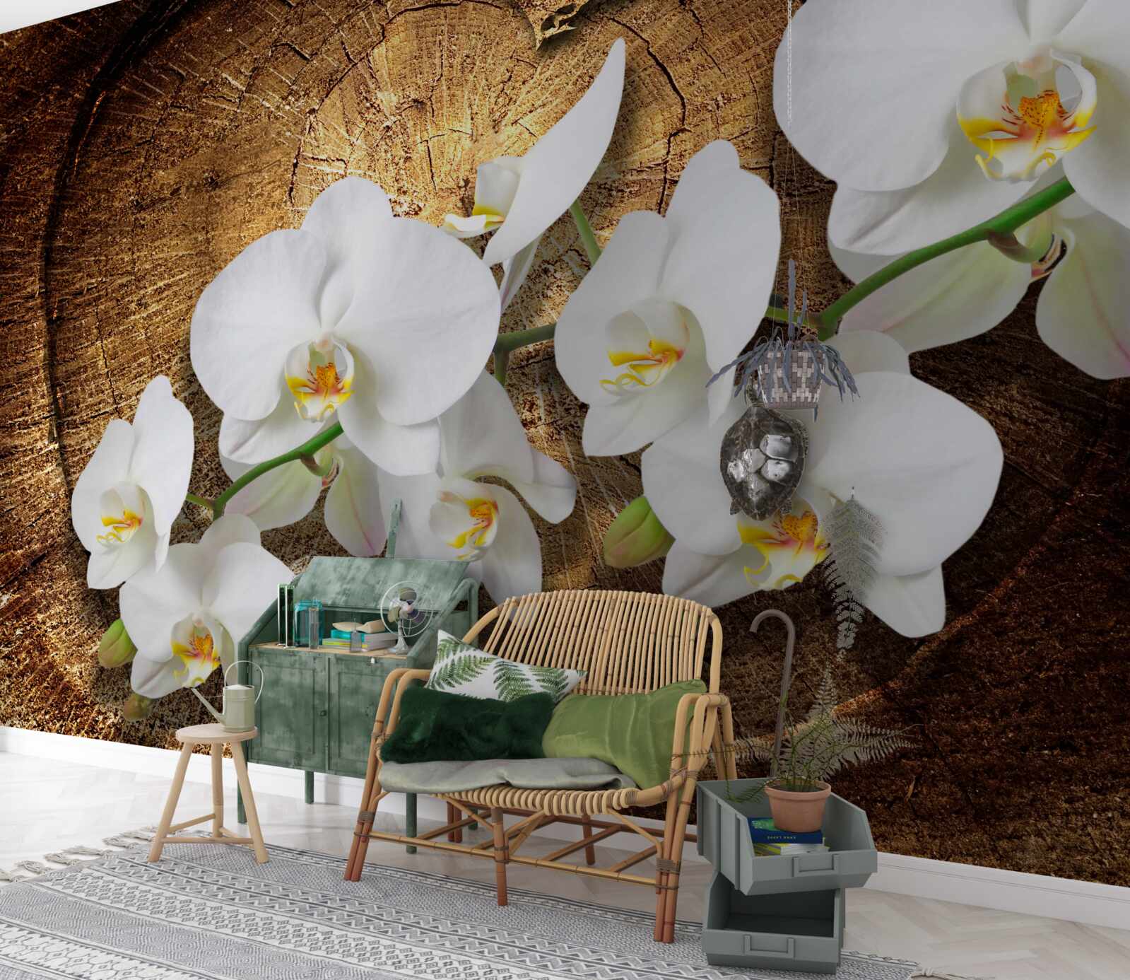 Fotobehang Sneeuwwitte orchidee op een afgesneden boomstam