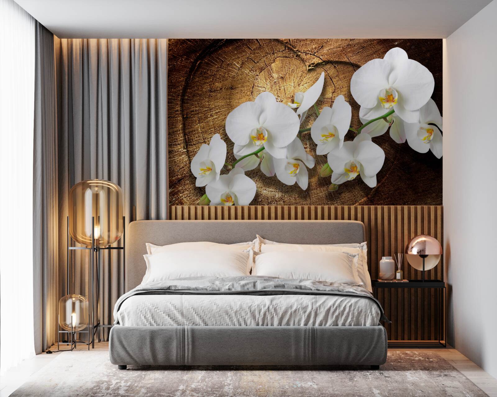 Fotobehang Sneeuwwitte orchidee op een afgesneden boomstam