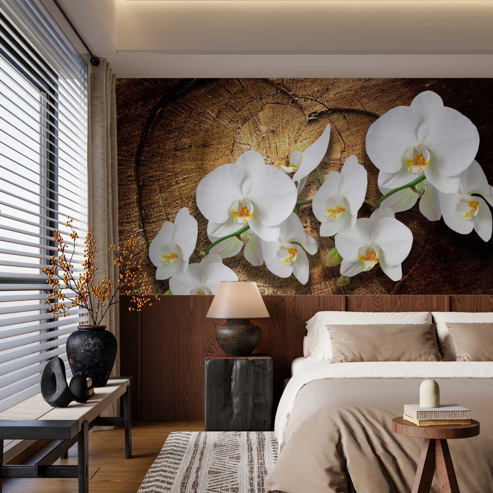 Fotobehang Sneeuwwitte orchidee op een afgesneden boomstam