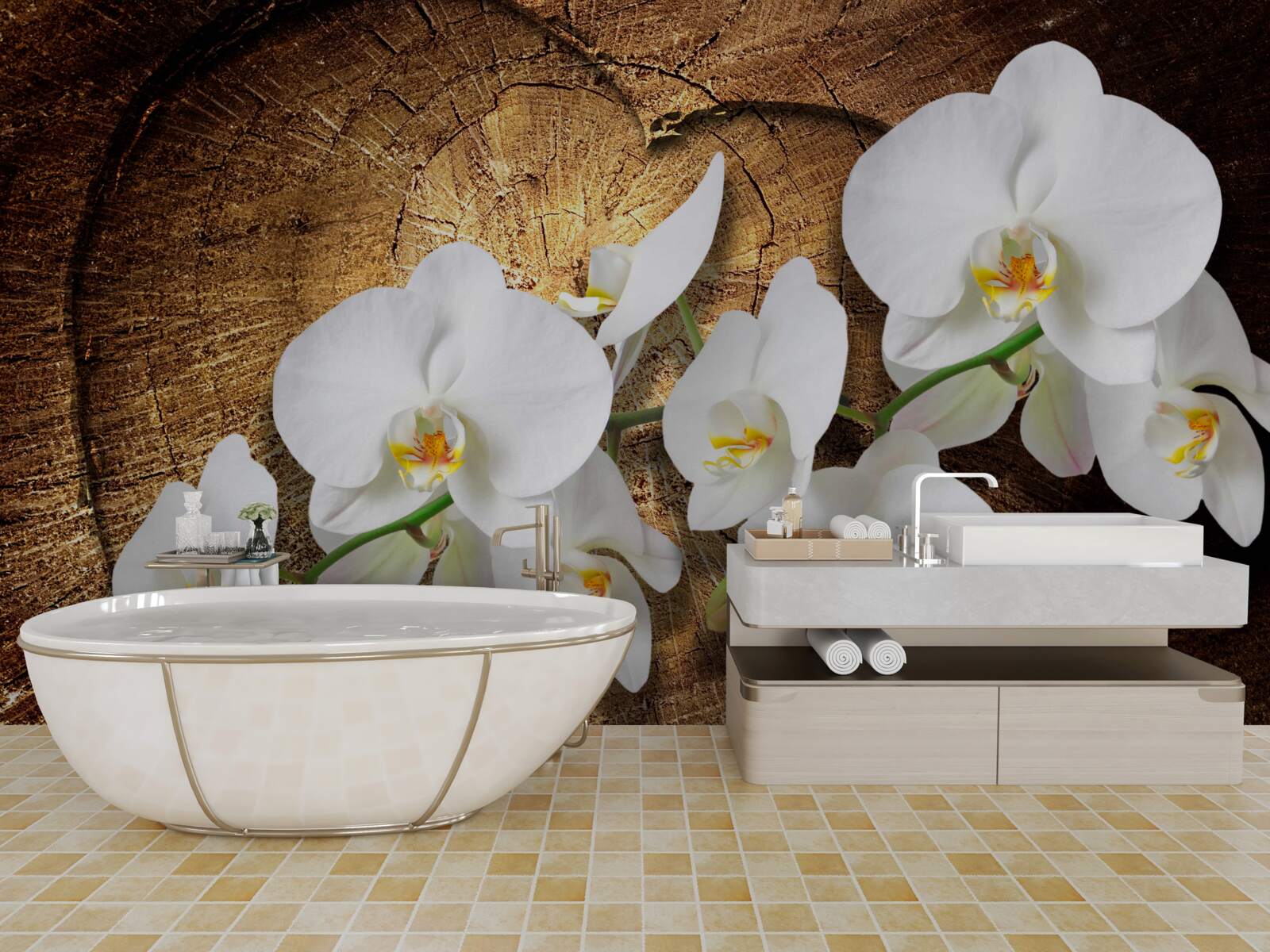 Fotobehang Sneeuwwitte orchidee op een afgesneden boomstam