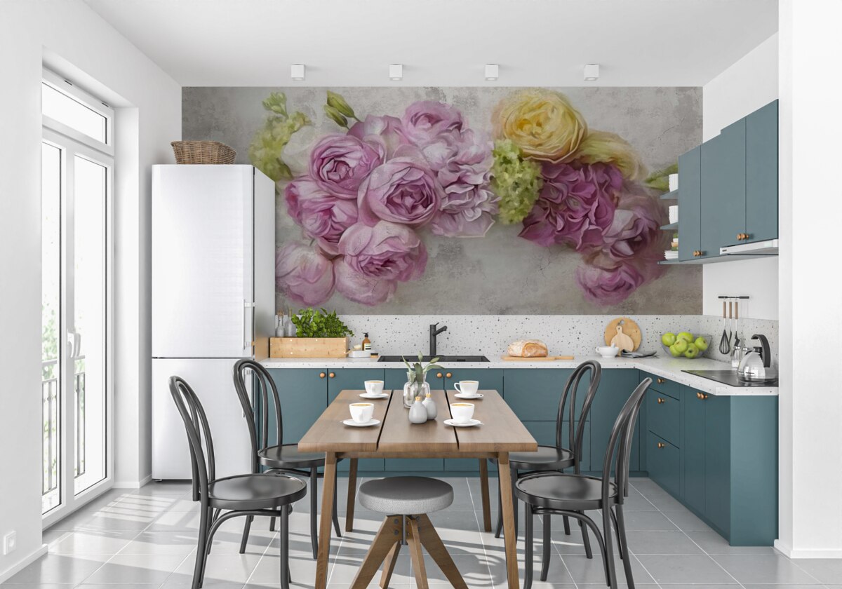 Fotobehang compositie met paarse pioenrozen