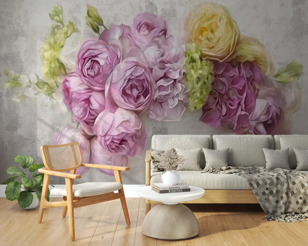 Fotobehang compositie met paarse pioenrozen