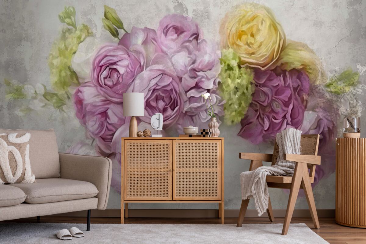 Fotobehang compositie met paarse pioenrozen