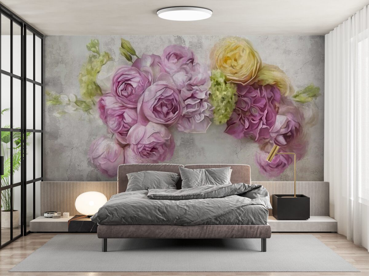 Fotobehang compositie met paarse pioenrozen