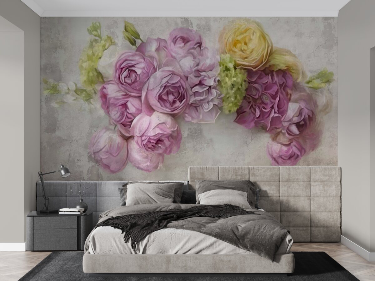 Fotobehang compositie met paarse pioenrozen