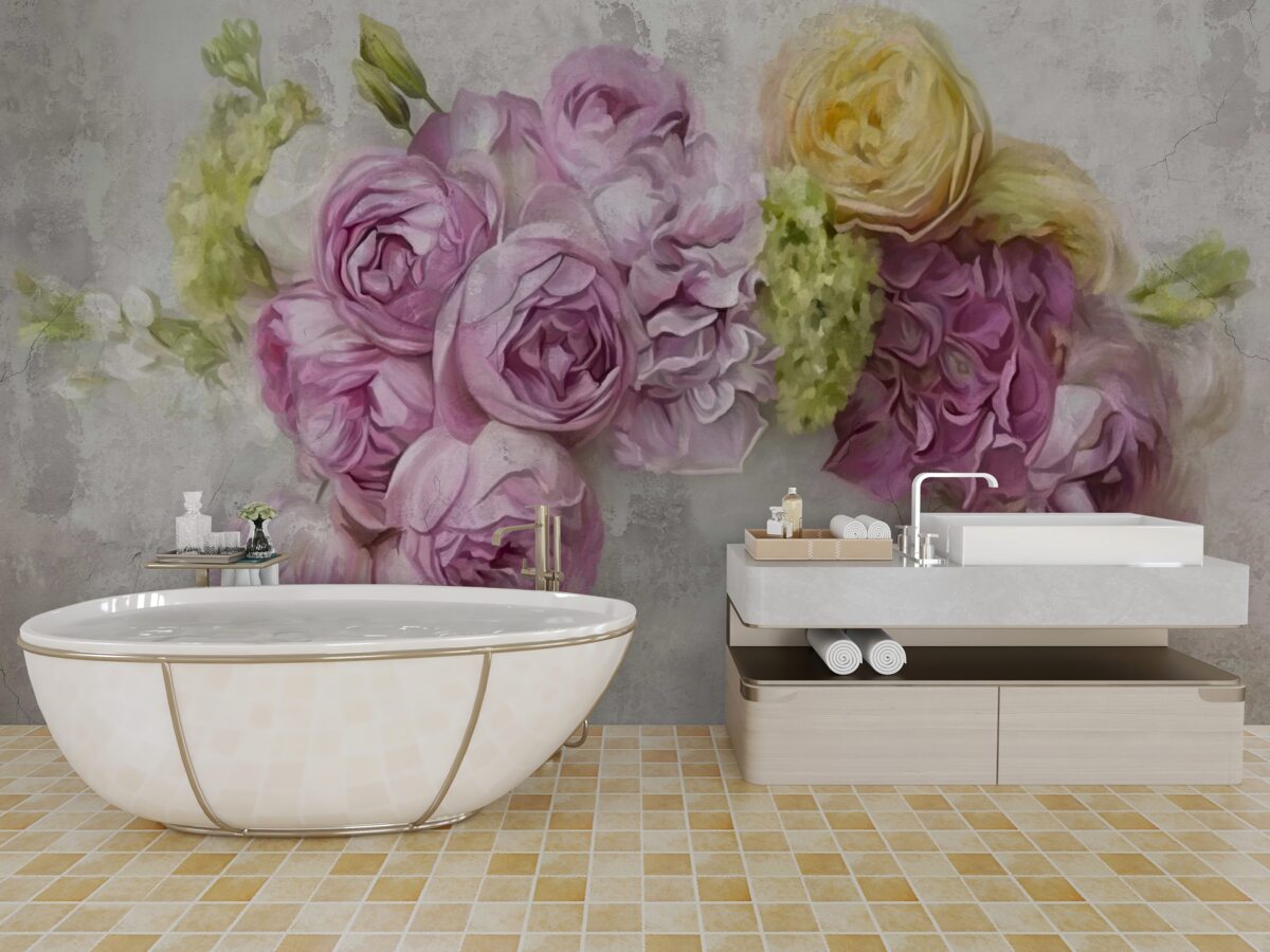 Fotobehang compositie met paarse pioenrozen