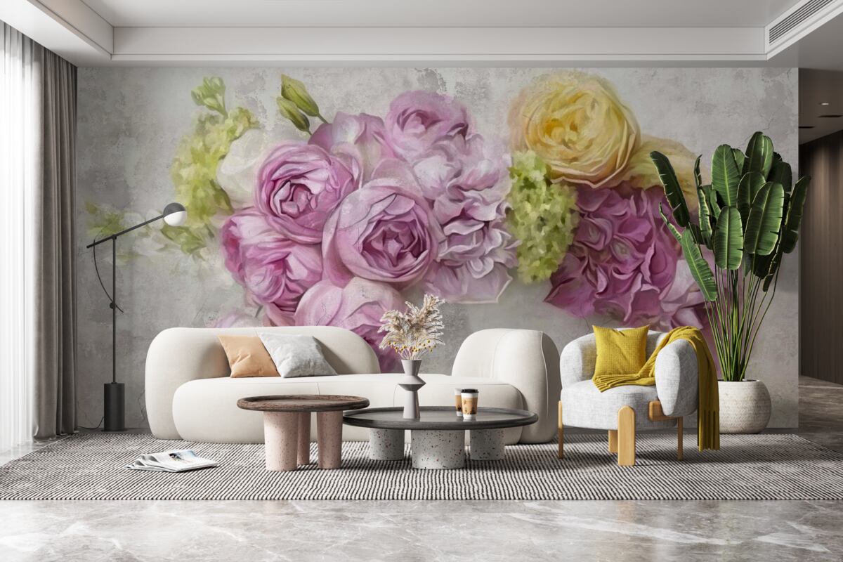 Fotobehang compositie met paarse pioenrozen