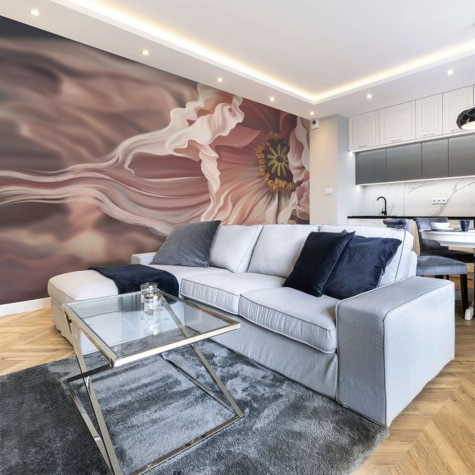 Fotobehang grote pioenroos in poederkleur