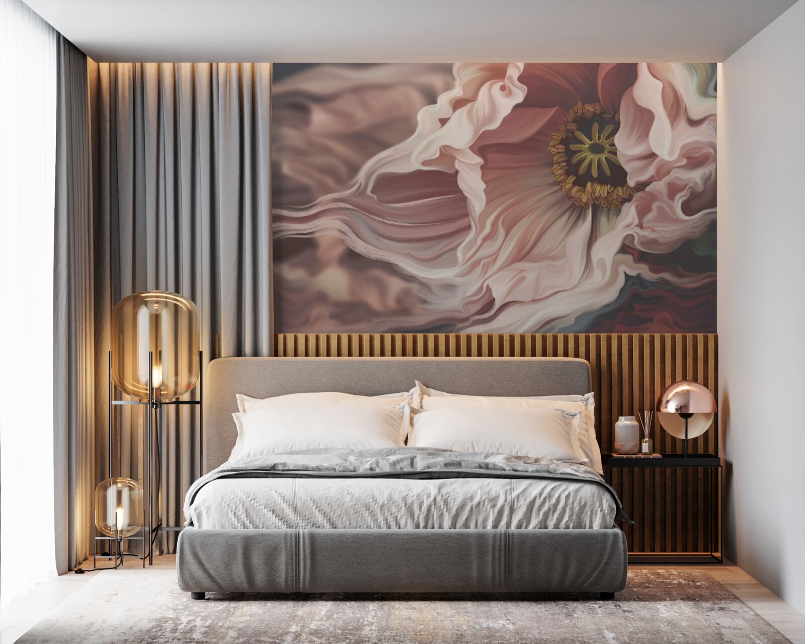 Fotobehang grote pioenroos in poederkleur