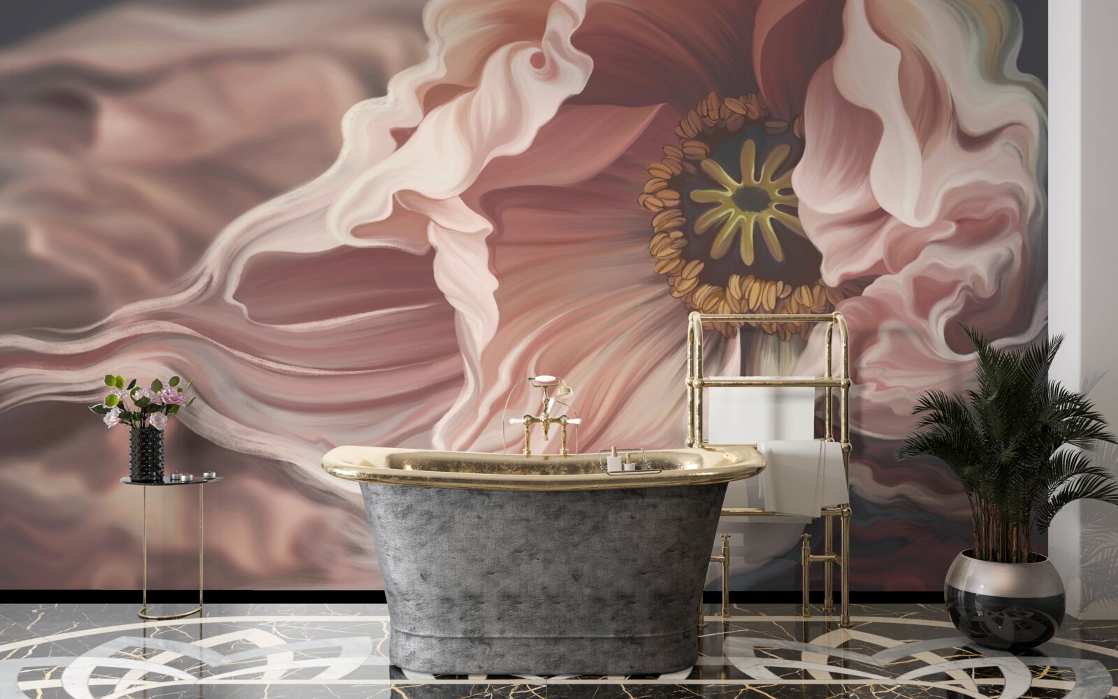 Fotobehang grote pioenroos in poederkleur