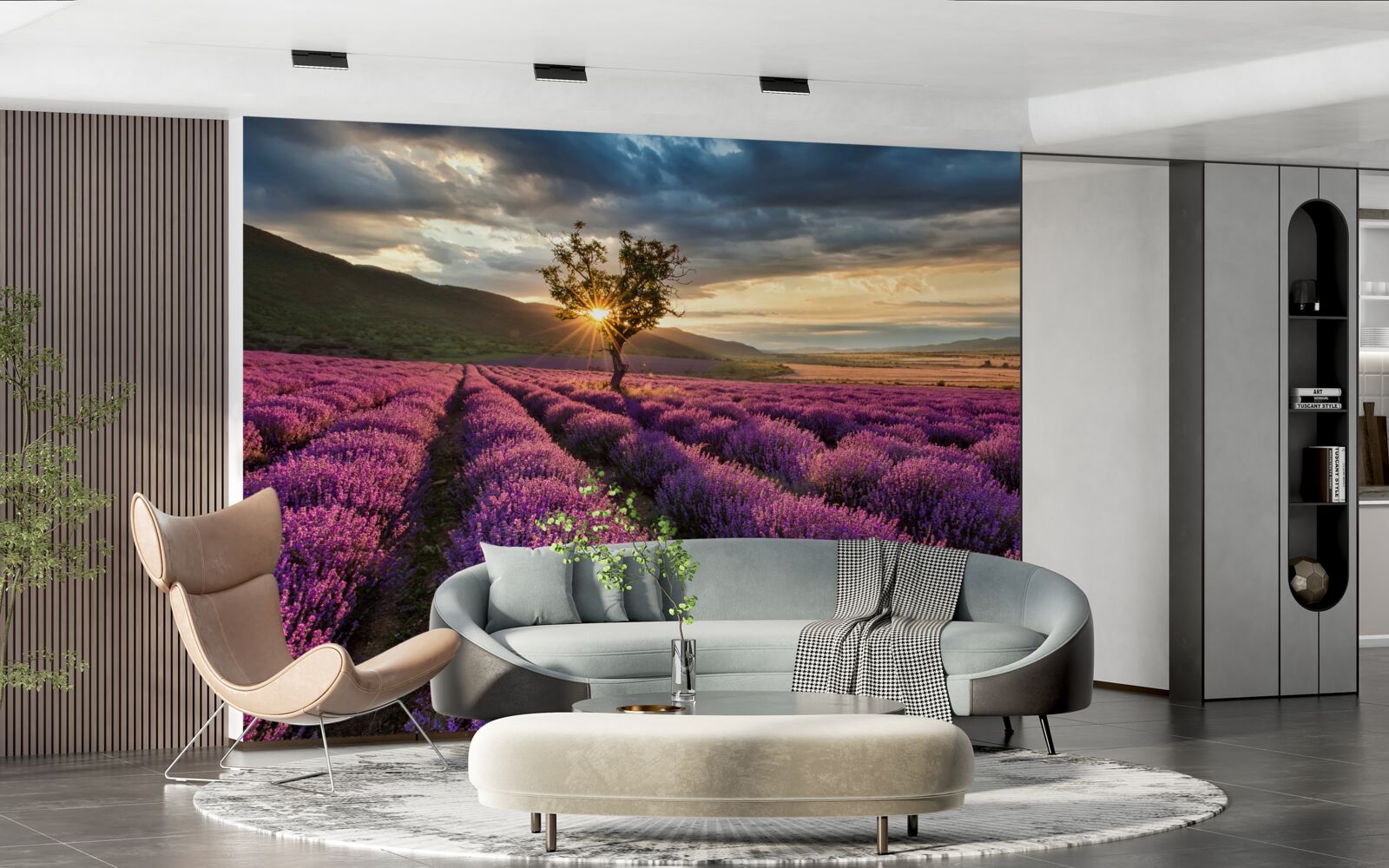 Fotobehang zonsondergang op een lavendelveld rond een geïsoleerde boom