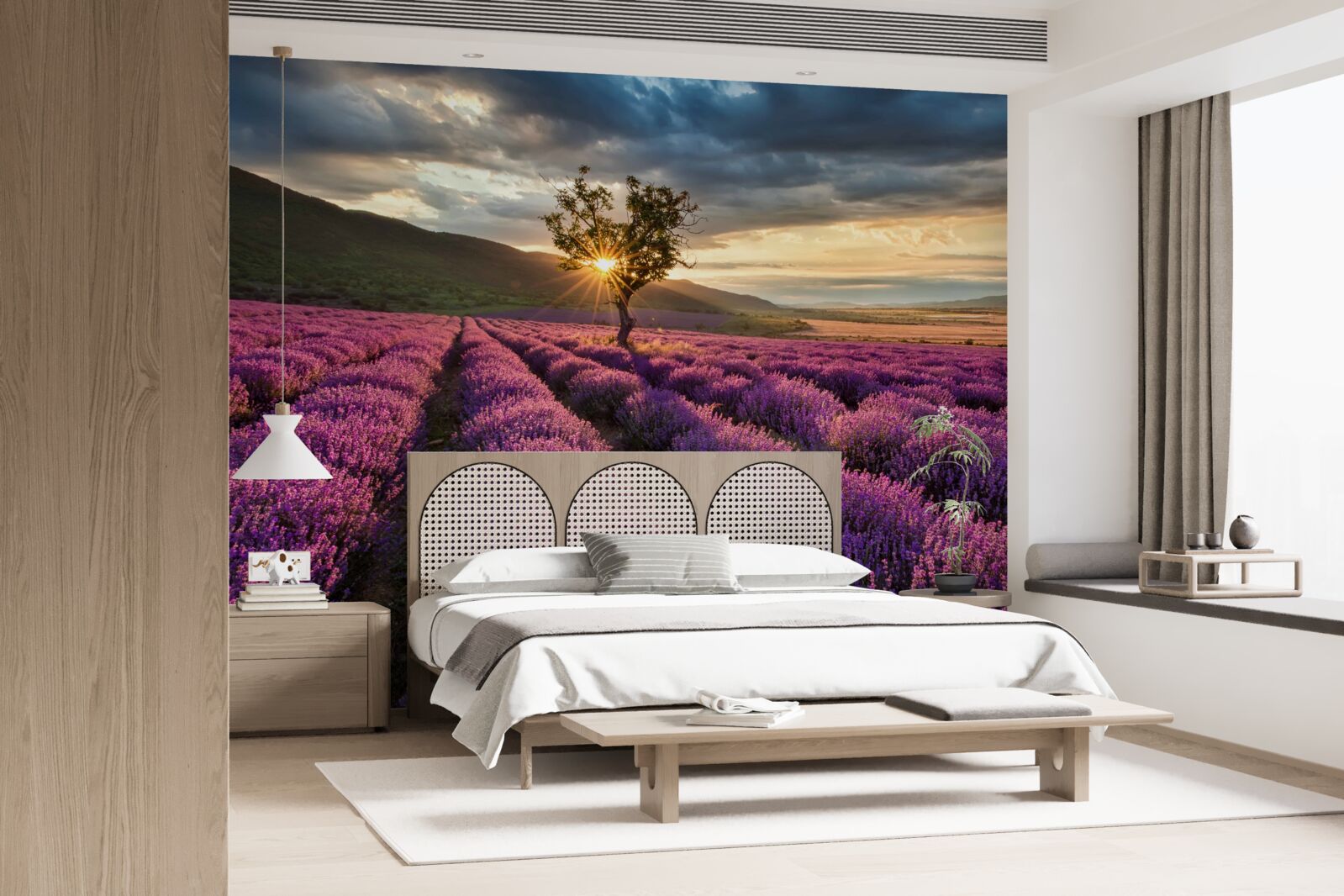 Fotobehang zonsondergang op een lavendelveld rond een geïsoleerde boom