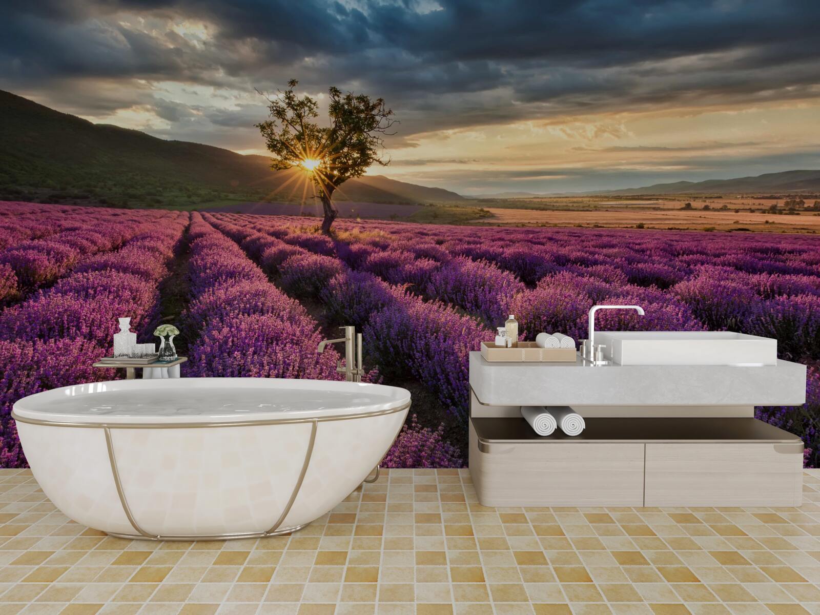 Fotobehang zonsondergang op een lavendelveld rond een geïsoleerde boom