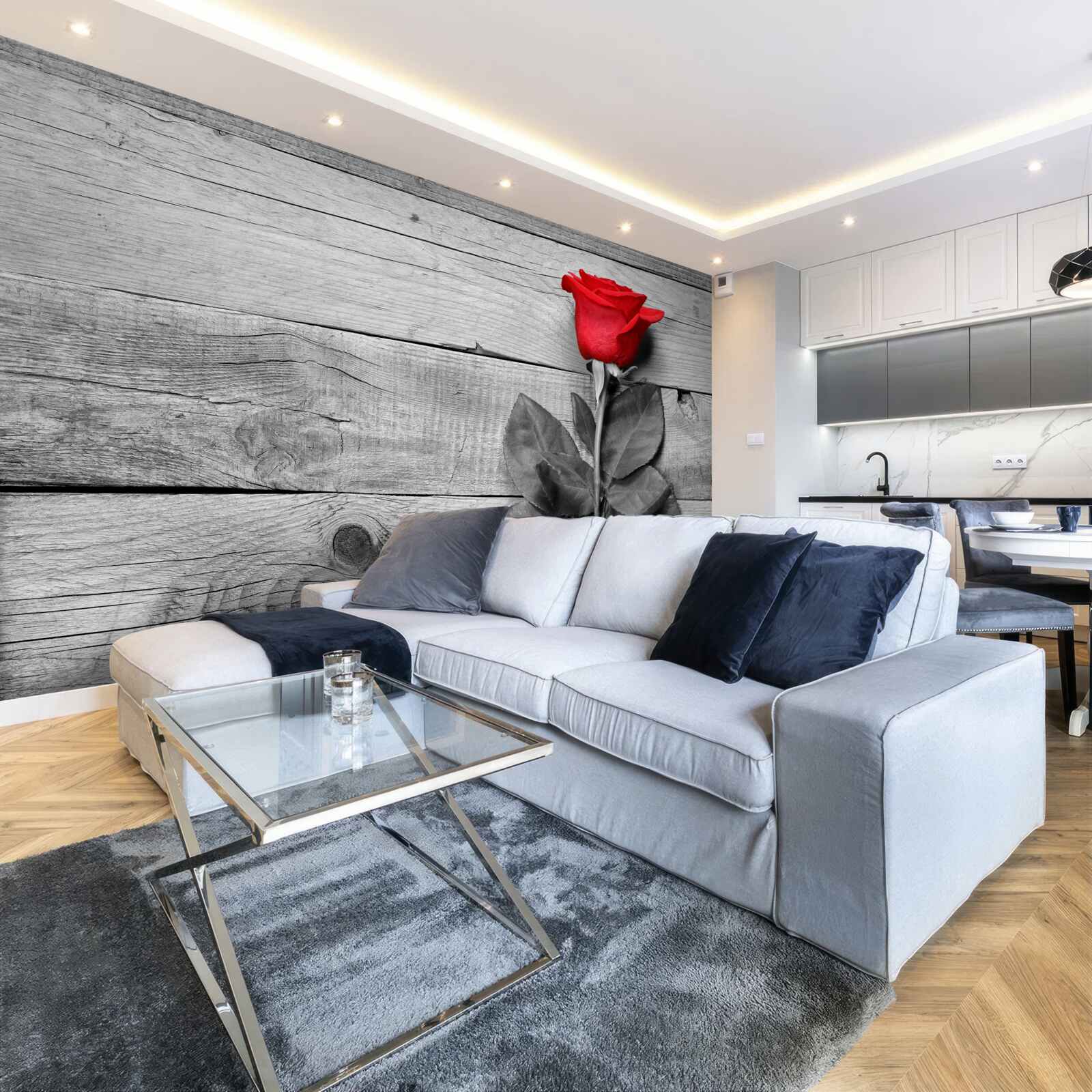 Fotobehang boeket in rood tegen zwart-wit tinten