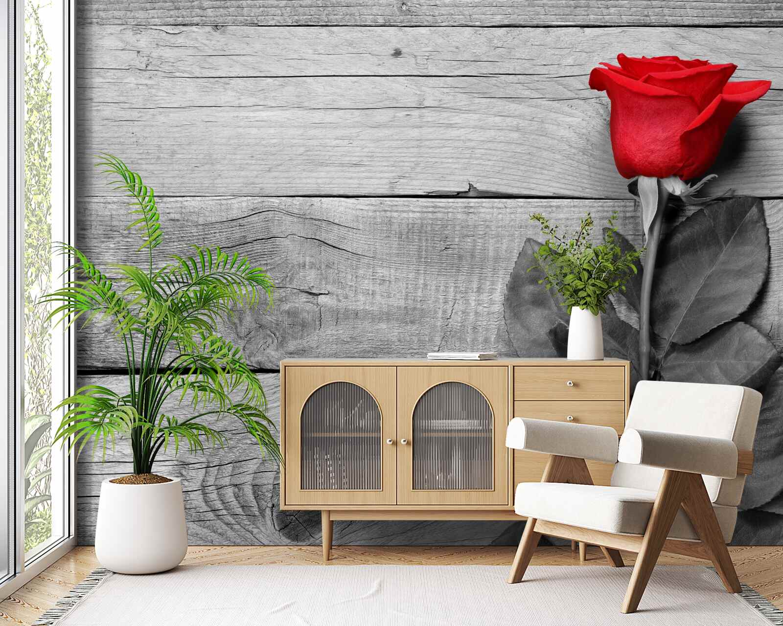 Fotobehang boeket in rood tegen zwart-wit tinten