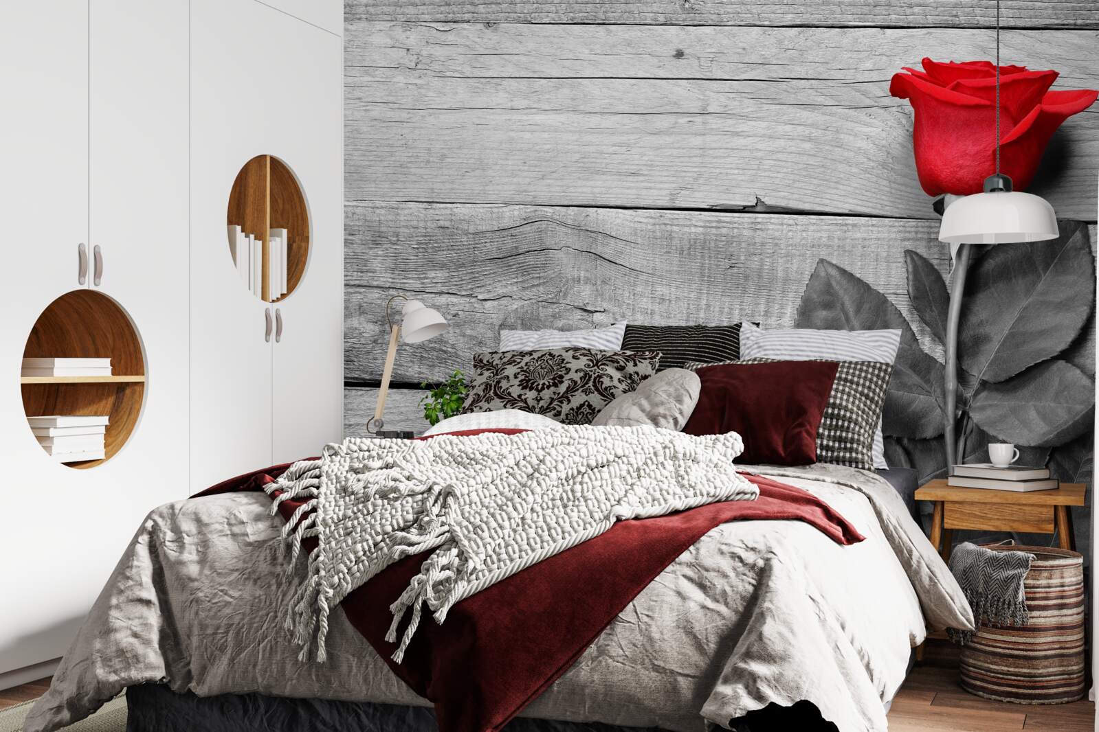 Fotobehang boeket in rood tegen zwart-wit tinten