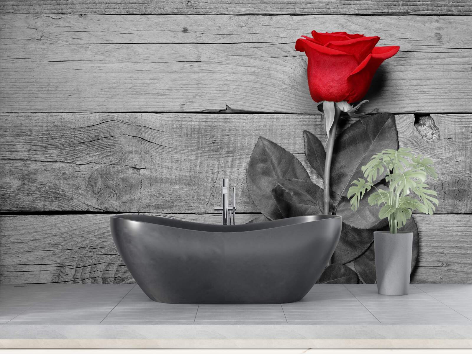 Fotobehang boeket in rood tegen zwart-wit tinten