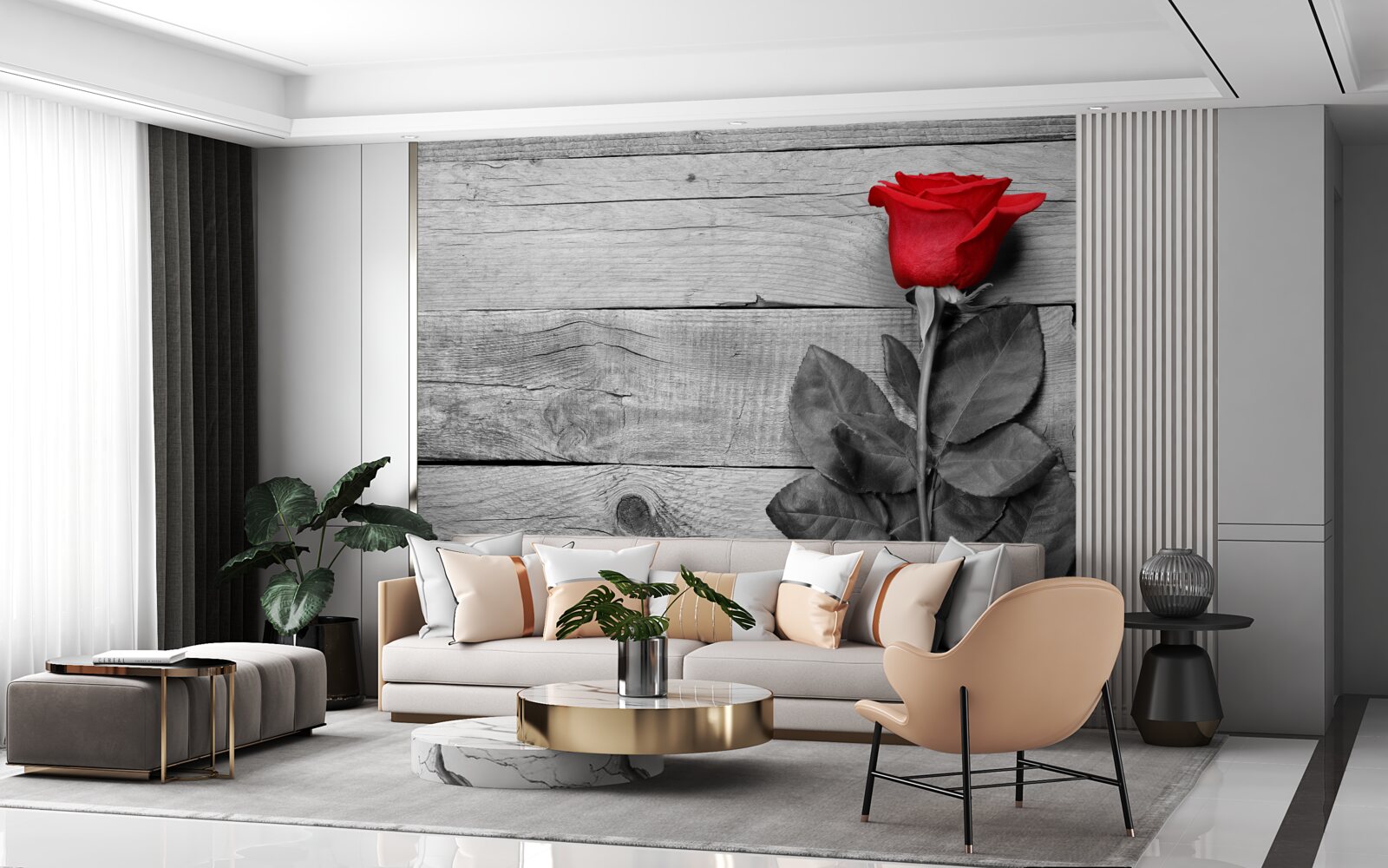 Fotobehang boeket in rood tegen zwart-wit tinten