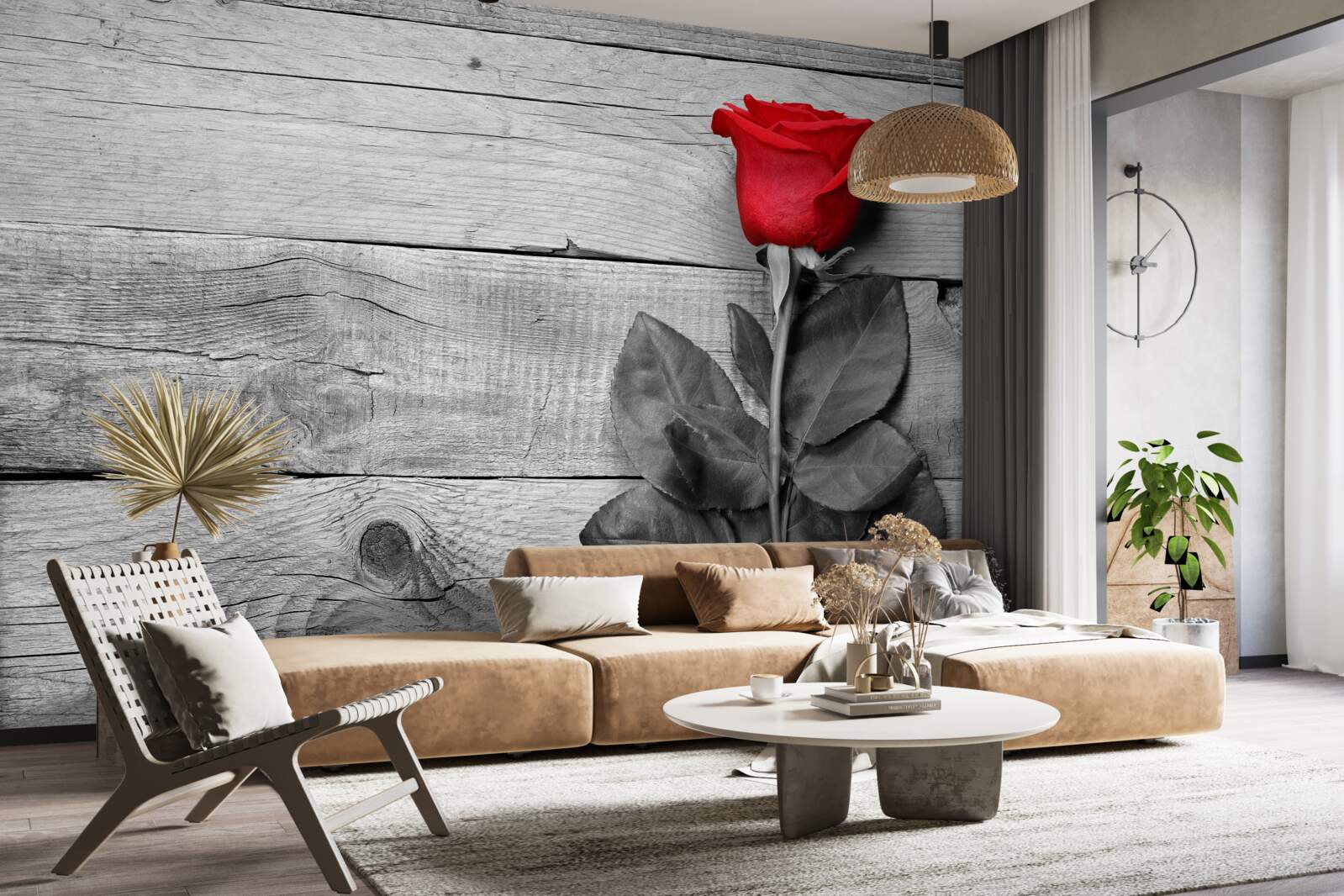 Fotobehang boeket in rood tegen zwart-wit tinten