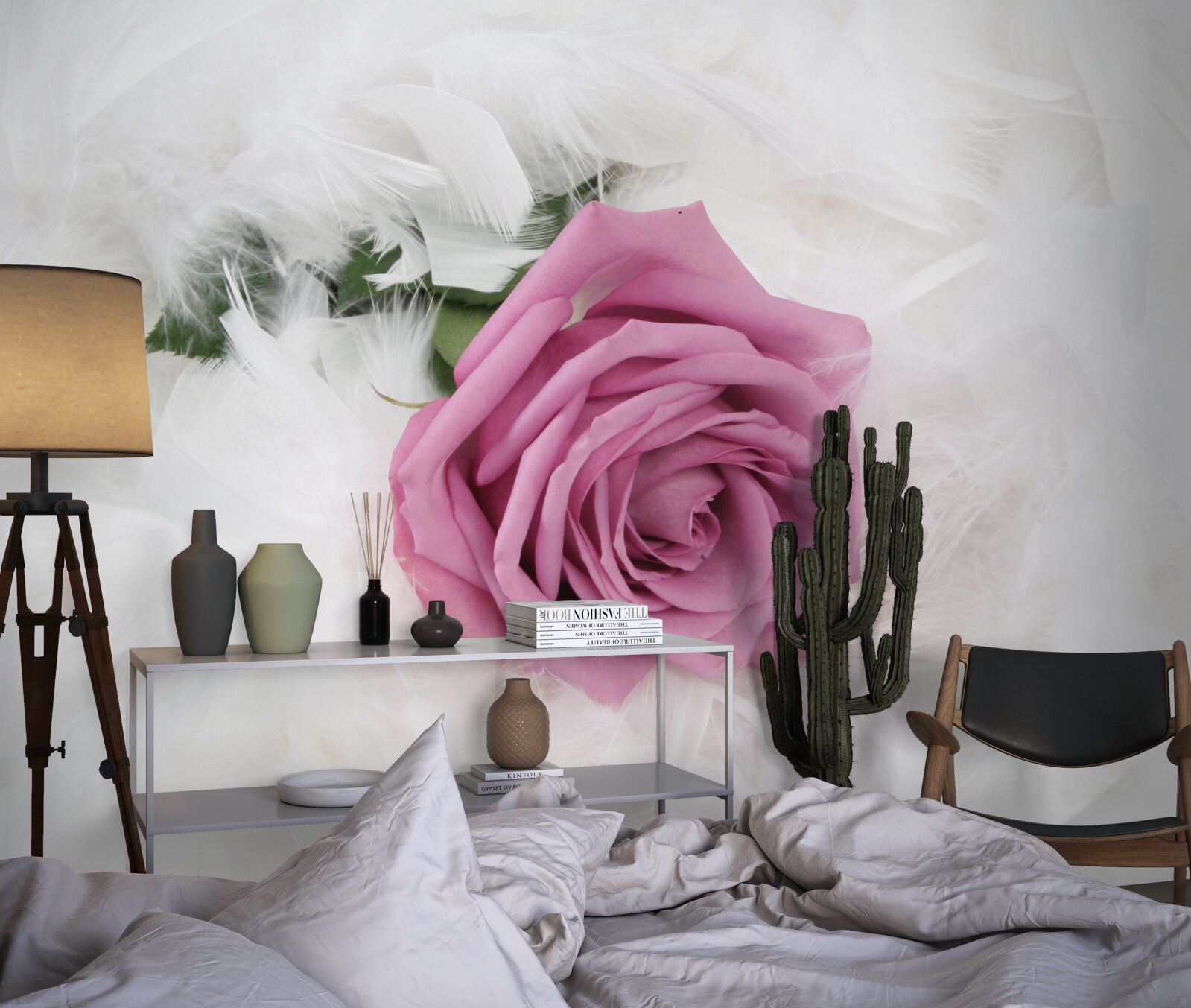 Fotobehang violette roos omringd door witte veren