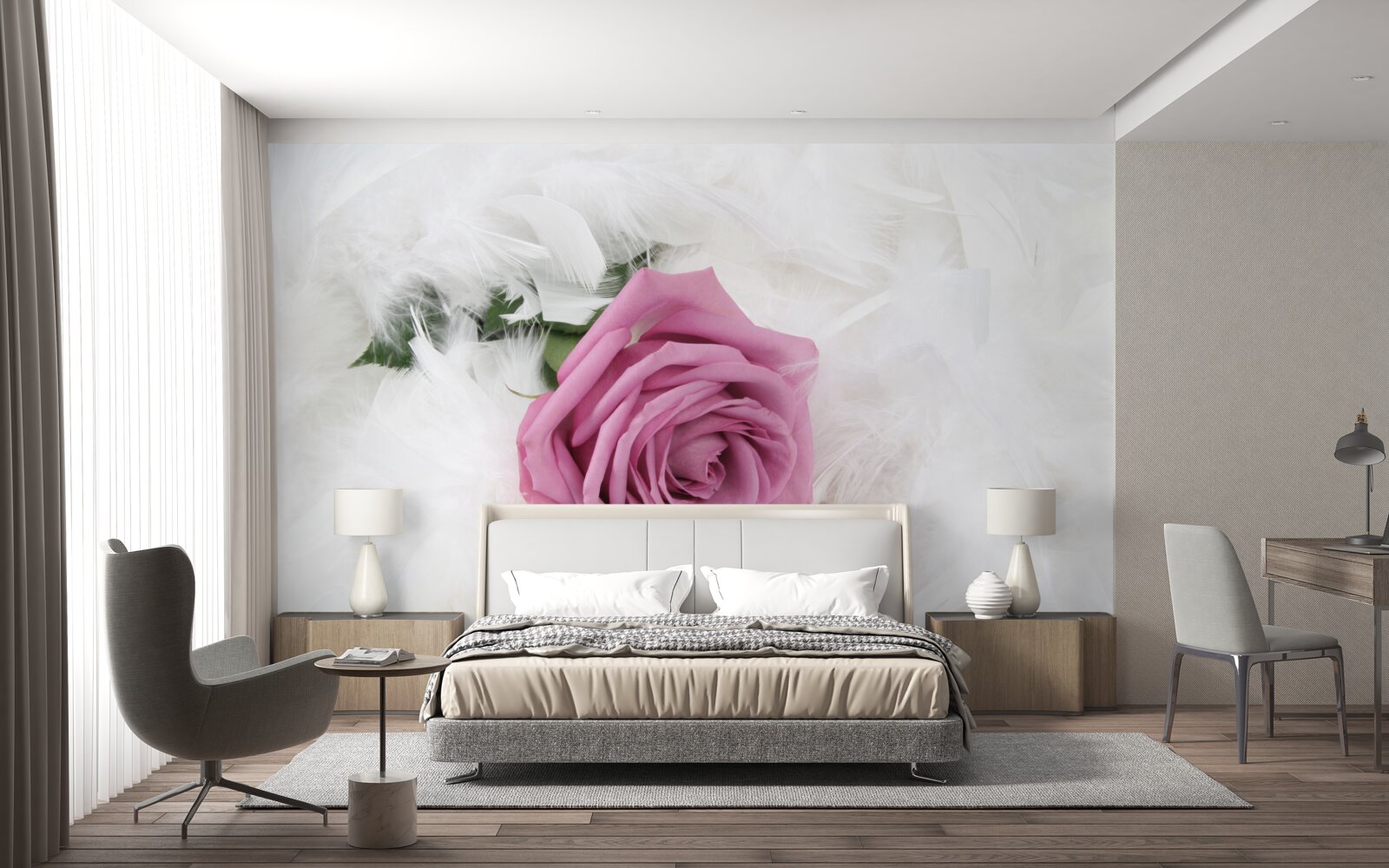 Fotobehang violette roos omringd door witte veren