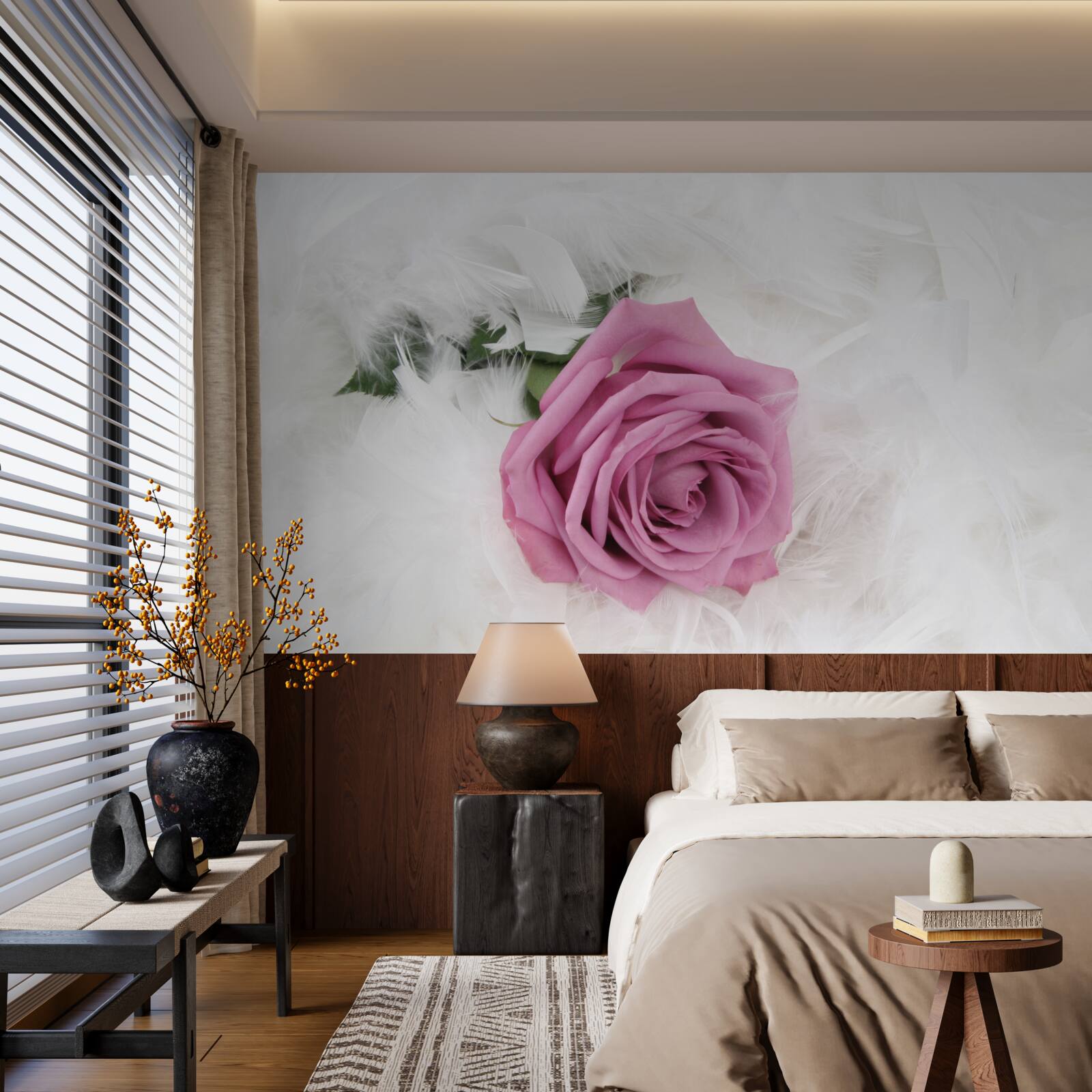 Fotobehang violette roos omringd door witte veren