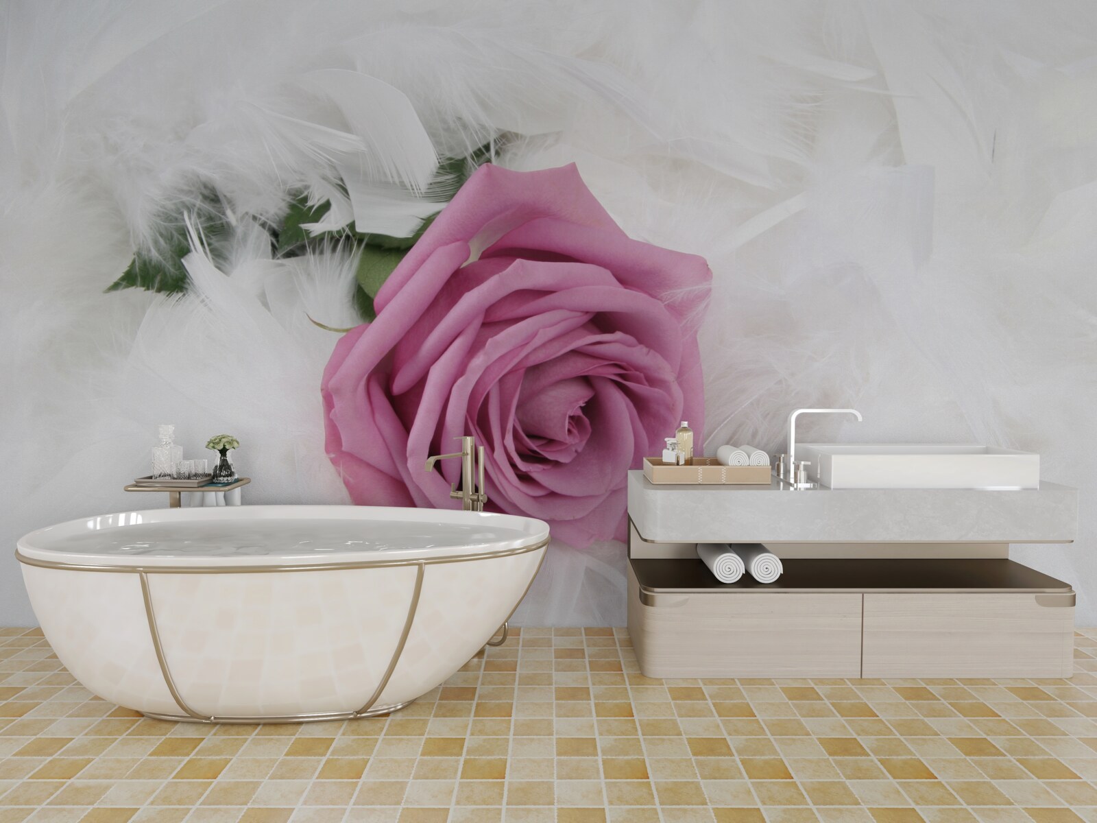 Fotobehang violette roos omringd door witte veren