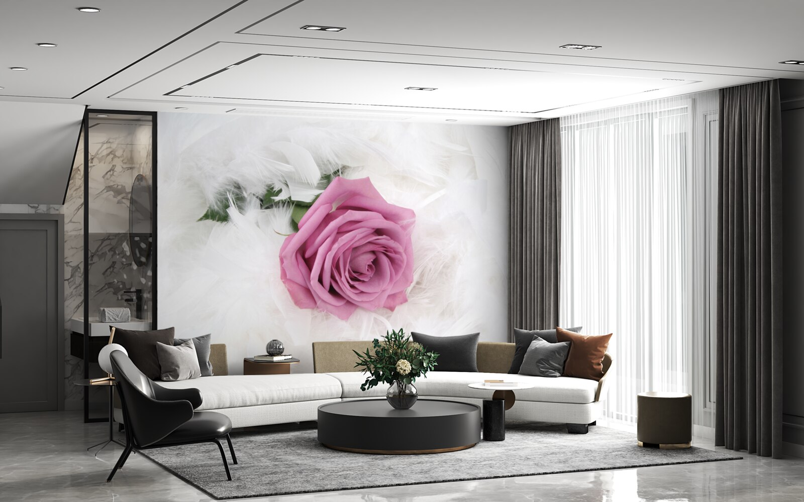 Fotobehang violette roos omringd door witte veren