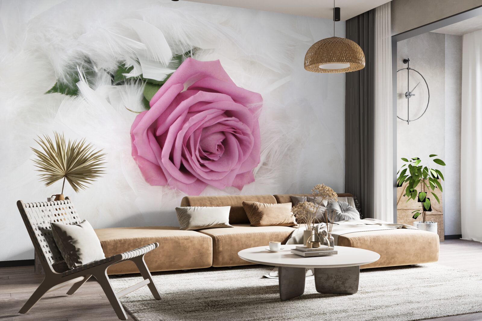 Fotobehang violette roos omringd door witte veren