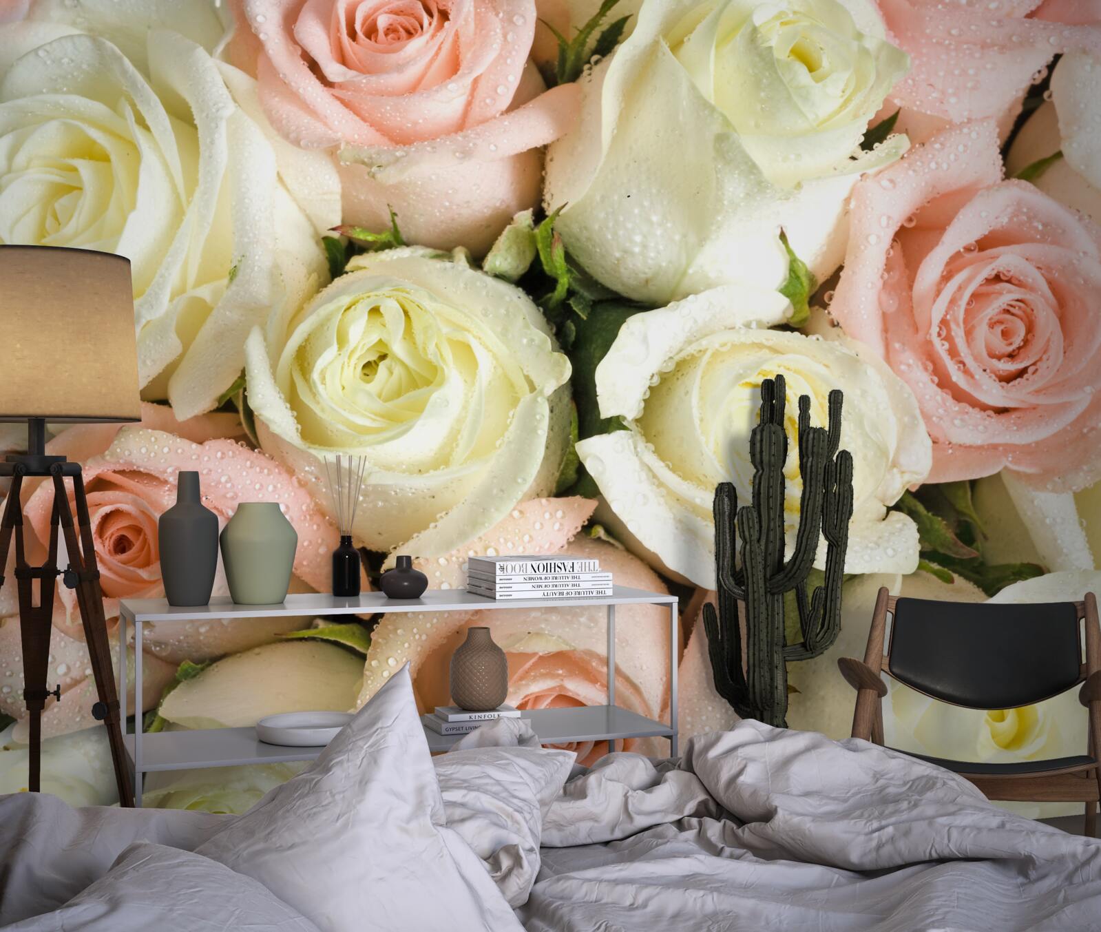 Fotobehang grootte van witte en roze rozenbloemen