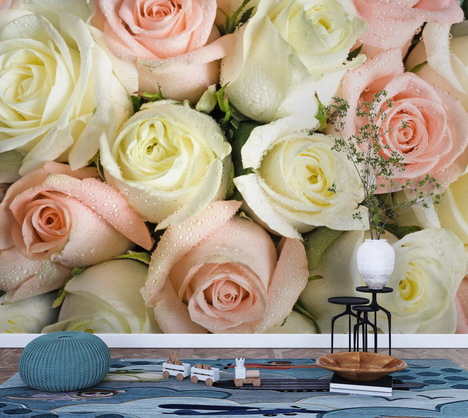 Fotobehang grootte van witte en roze rozenbloemen