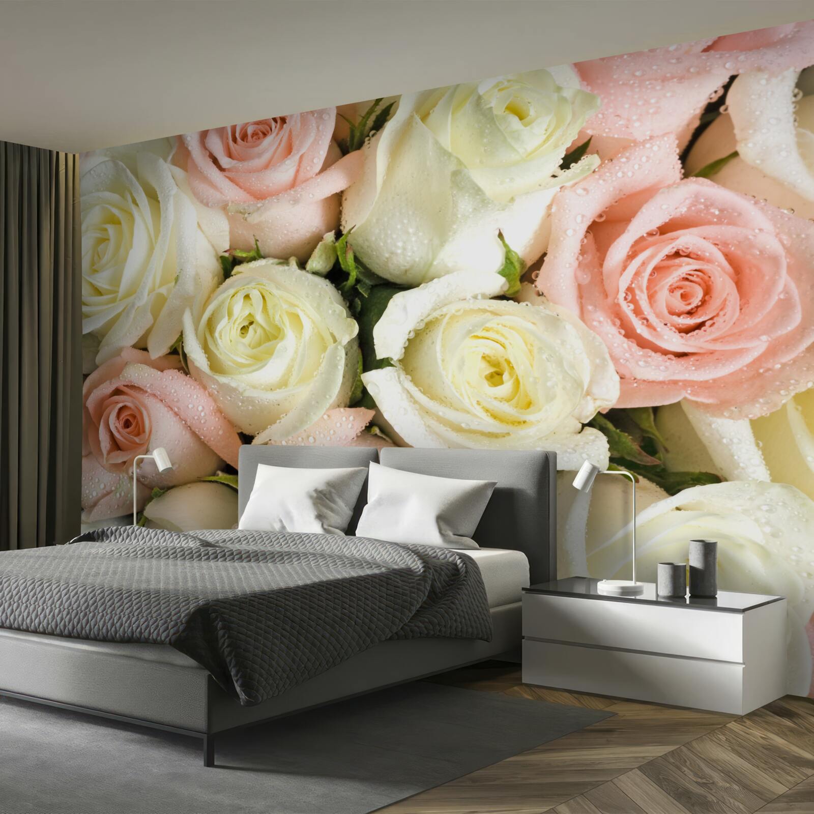 Fotobehang grootte van witte en roze rozenbloemen