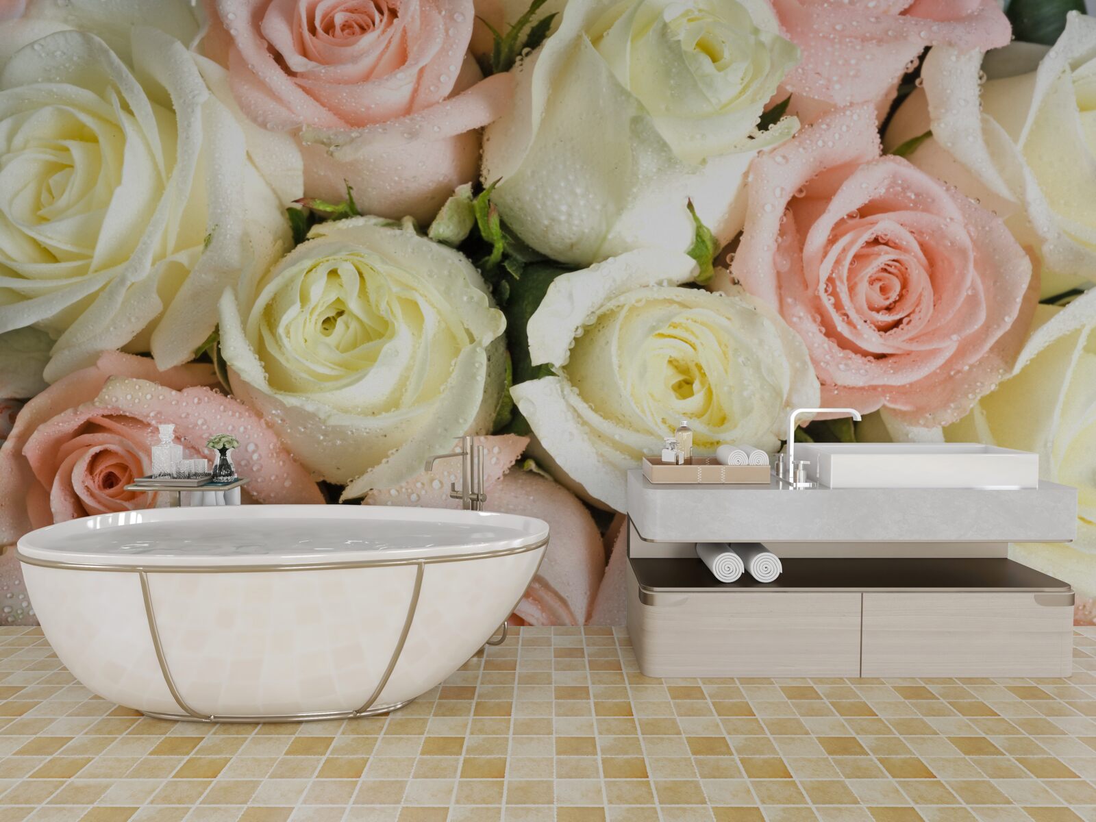 Fotobehang grootte van witte en roze rozenbloemen