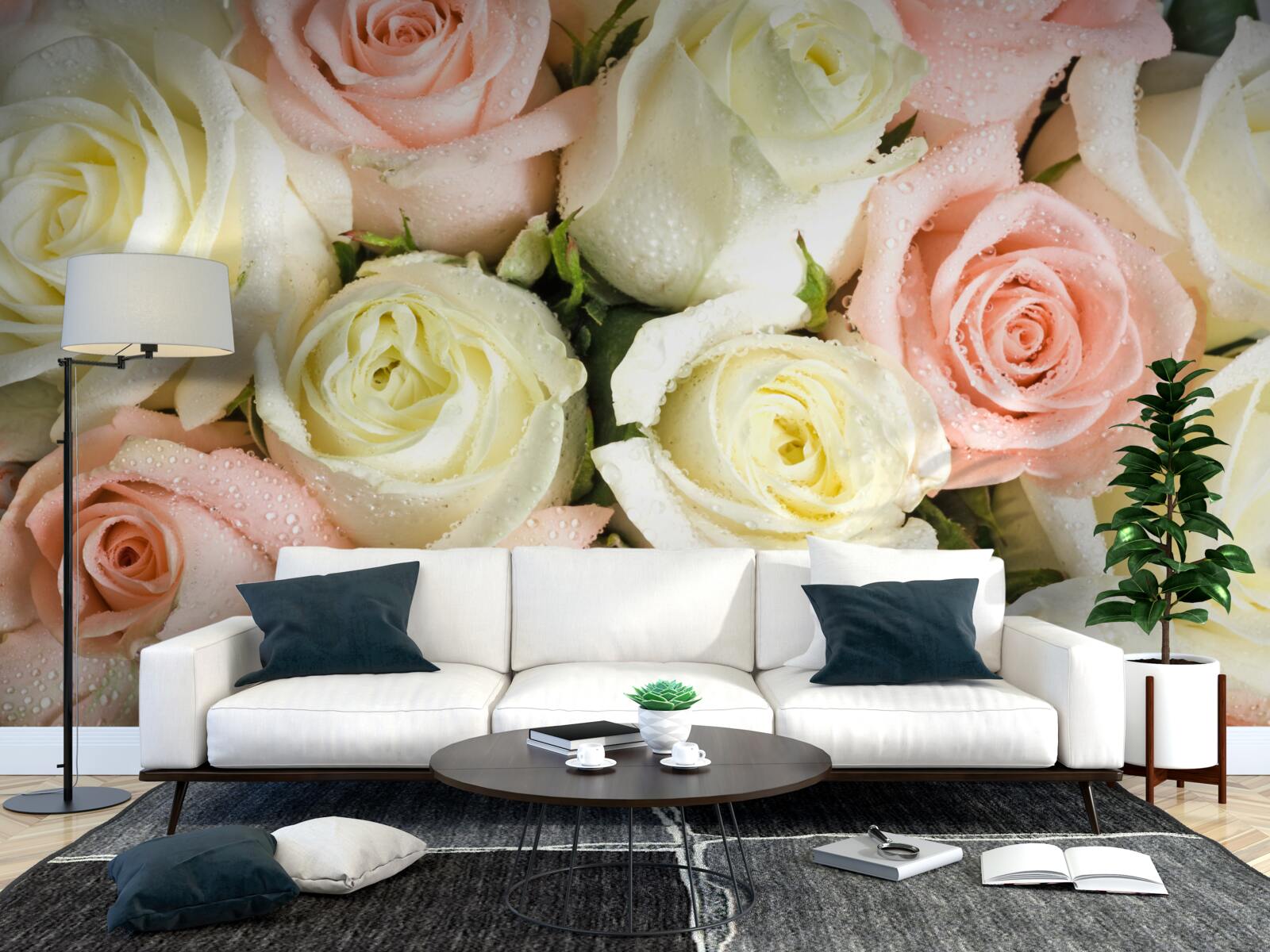 Fotobehang grootte van witte en roze rozenbloemen